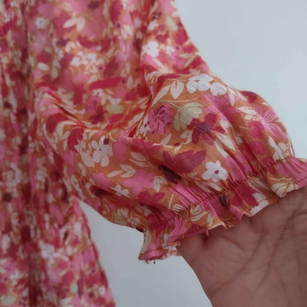 Pink Floral Smocked Top Elastic Waist - Picture 5 of 10